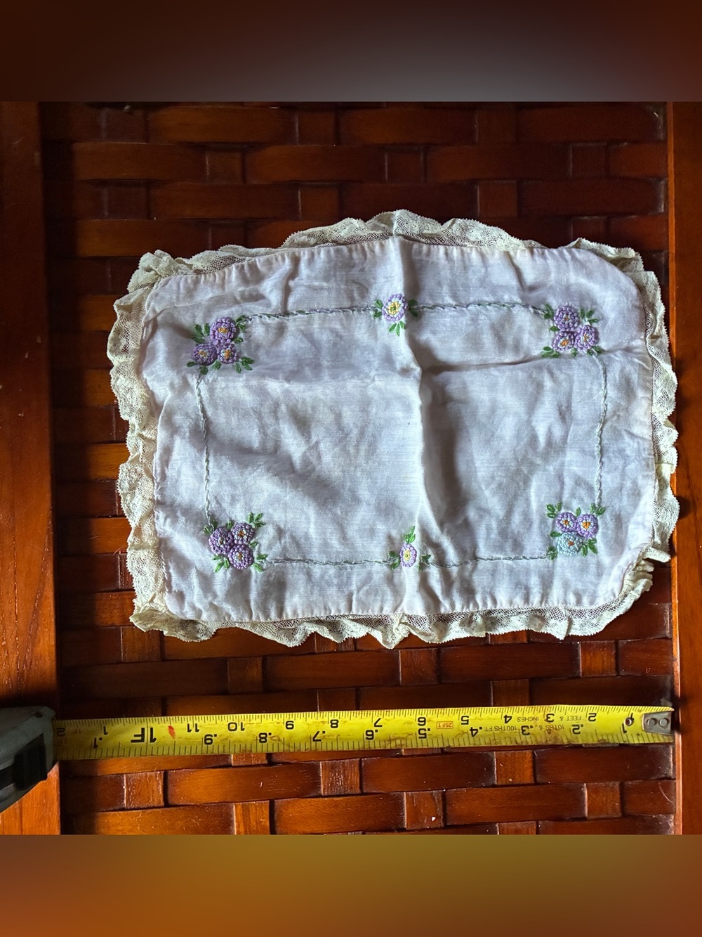 Vintage Miniature Embroidered Pillowcase 11x8" Doll Bedding Lace Trim Violets